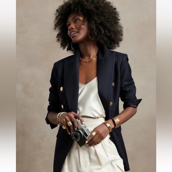 BANANA REPUBLIC Double-Breasted Blazer Captain’s Blazer Iced Latte - Picture 2 of 10